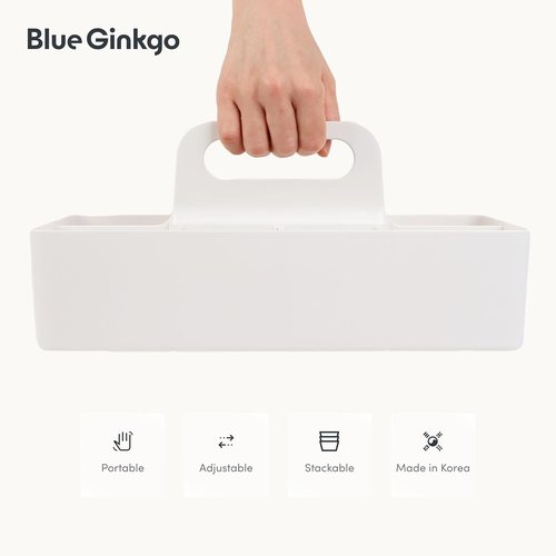 BLUE GINKGO Stackable Organizer Caddy - Portable Korean-Made Tote for Bathroom & Office Supplies (Long Rectangle, White)