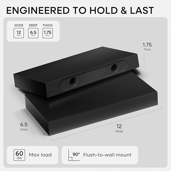 Homeforia Floating Shelf Black 12 inch, High End Solid Real Wood Small 12inch Floating Shelves for Wall Mounted, Black Wooden 12 in Floating Shelves, Heavy Duty Bracket, 12 X 6.5 X 1.75 inch, Set of 3