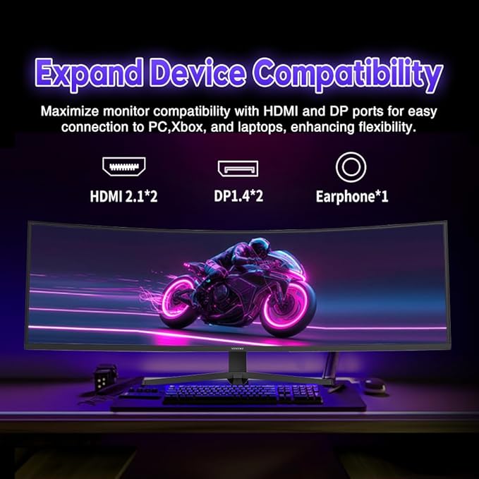Viewedge 49" Curved Monitor Ultrawide Gaming 165Hz 1ms 32:9 DQHD 5120 x 1440P Computer Monitor, R1500, 110% sRGB, DisplayPort, HDMI,Support Crosshair and Wall Mount