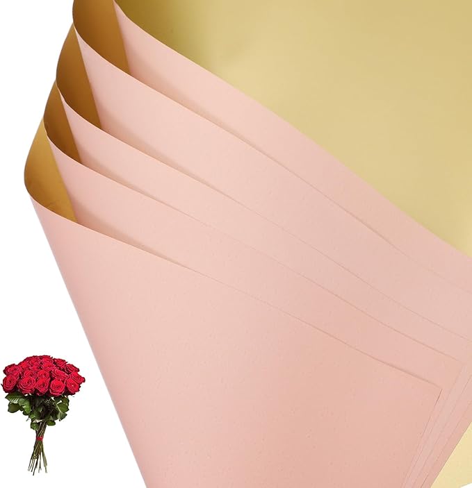 PATIKIL Flower Gift Wrapping Paper, 20 Sheets Double Sided Golden Waterproof Bouquet Paper Wrap Florist Supplies Packaging Floral Papers for Wedding DIY Craft Valentine, Pink/Gold