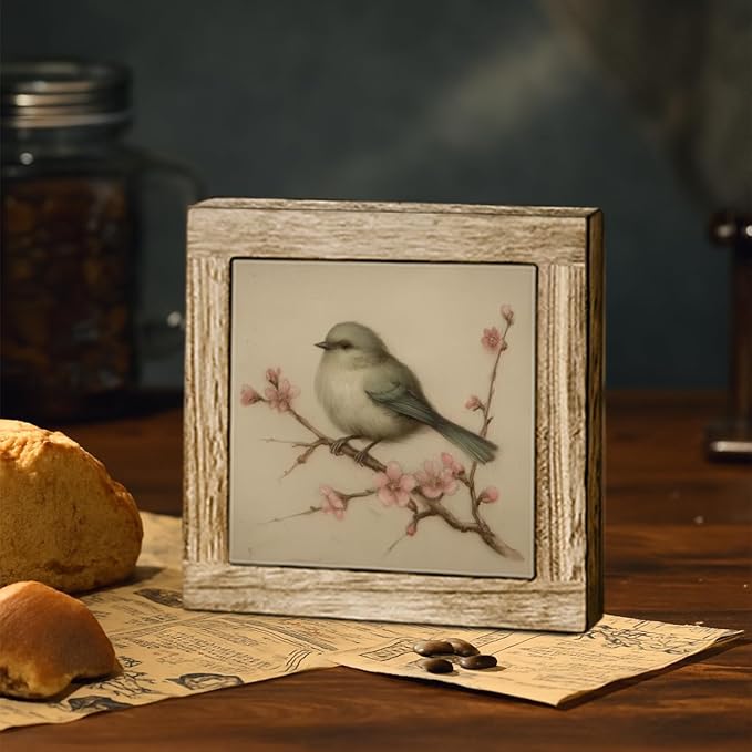 Cottagecore Floral Bird Wooden Desktop Sign, Vintage Bird on Blossom Branch Wood Plaque, Rustic Nature Tabletop Decor for Bedroom Living Room Office Shelf