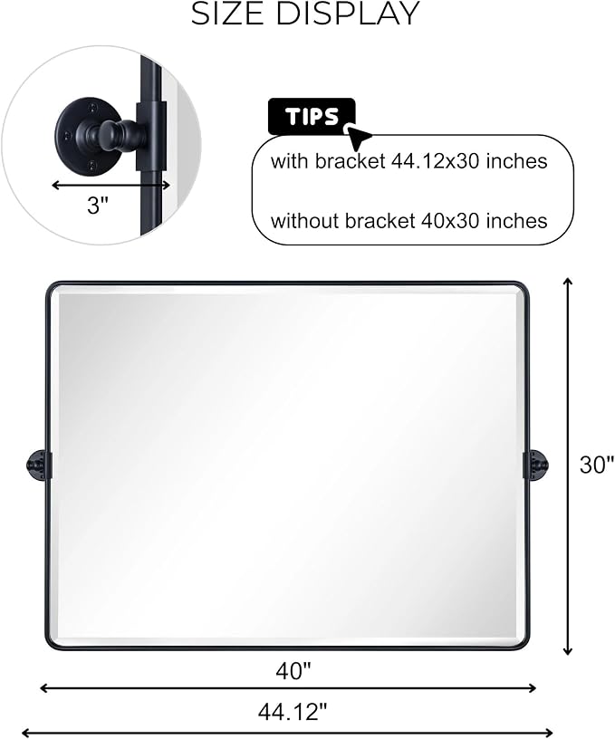 TEHOME Pivot Mirror Matt Black Tilt Bathroom Vanity Mirror Black Metal Framed Rectangle Horizontal Tilting Beveled Vanity Mirrors, Overall 44.12 x 30 inches (Mirrror 40 x 30 inches)