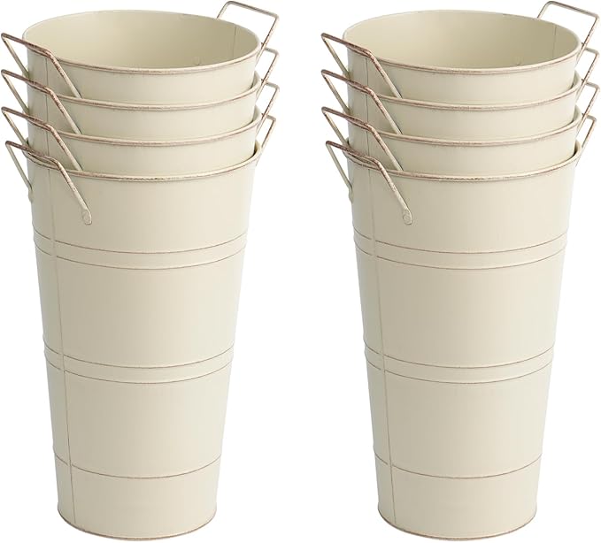 Notakia 12 Inch Large Galvanized Metal Vases Farmhouse French Flower Bucket Vases for Cut Flowers for Home Decor and Wedding Table Centerpiece Decorations (Large Beige 8Pcs)