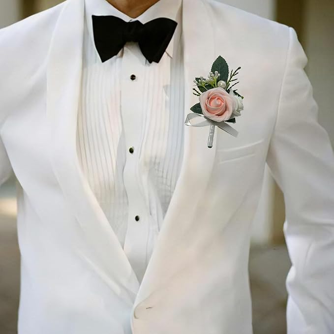 6PCS Blush Pink Boutonniere for Men,Coral Pink Boutonniere Pins for Men Groomsmen Guest Boutonniere, Artificial Flowers for Wedding Decor Prom Homecoming