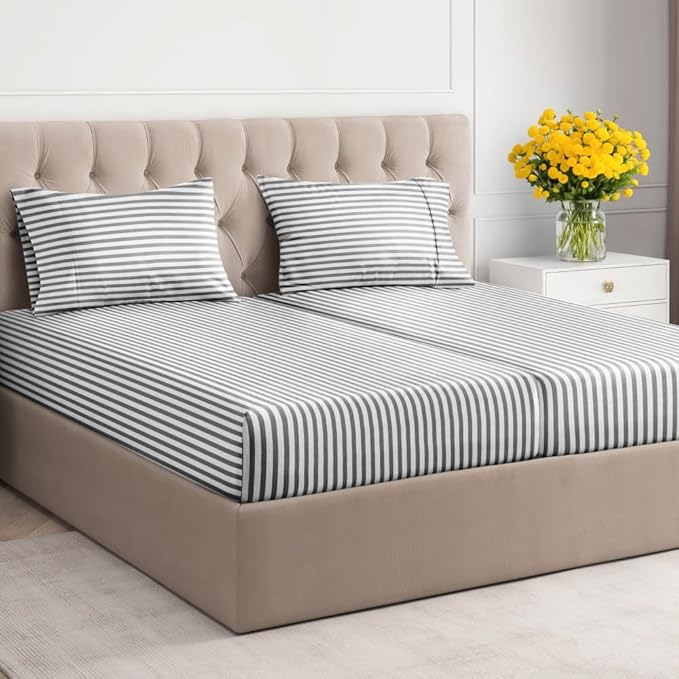 Striped Sheets - Grey Striped Sheets - 1 Flat & 2 Fitted & 2 Pillowcases w/ Deep Pockets – Wrinkle & Fade Free - Ultra-Soft, Breathable and Cooling – Luxury Pinstripe Bedding - Split King Size Bed Set