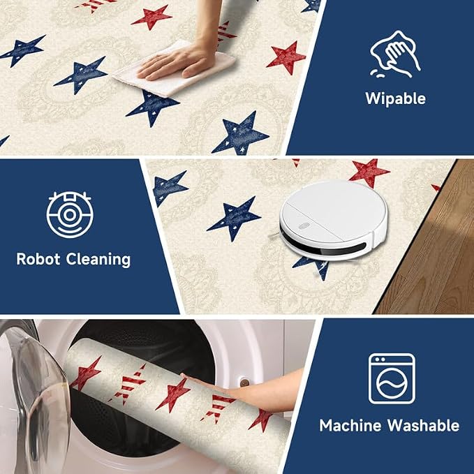 Star Area Rug 3'x5' Vintage Red Blue White Carpet Washable Low Pile Floor Mat Rugs for Entryway Bedroom Living Room Nursery Kitchen Playroom Home Decor