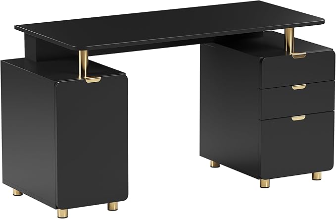 Elegant 56.75" W Executive Desk with 3 Drawers and Storage Cabinet, Modern Office Desk with Gold Accents, Floating Work Surface, Closed Storage with Ventilation & Adjustable Shelf (Black,Gold)