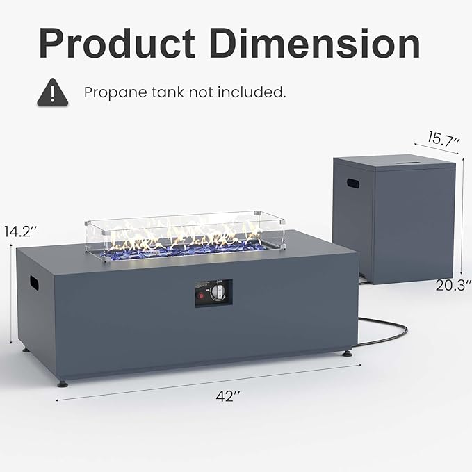 Aeeiua 42" Propane Fire Pit Table Set with Tank Holder, Rectangle 2-Piece Outdoor Firepit Wind Guard, Lid, Glass Stones and Cover