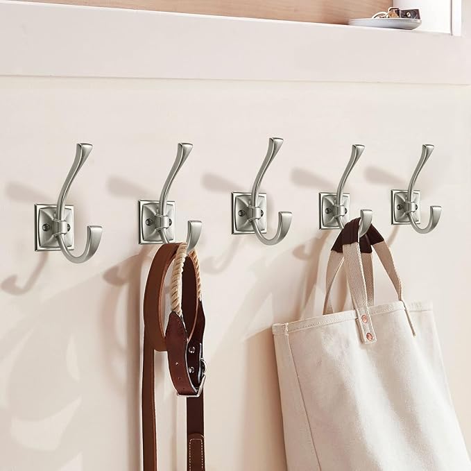 Large Wall Hooks 5 Pack Brushed Satin Nickel Coat Hooks Hardware Towel Hooks for Hanging Coats 4.35 Inch Double Robe Hooks Wall Mounted with Screws for Key, Towel, Bags, Cup, Hat