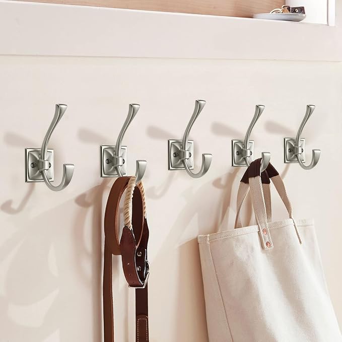 Large Wall Hook Pack, Brushed Satin Nickel, 4.35 Inch Double Robe and Coat Hooks, Towel and Bag Hangers, Wall Mounted with Screws