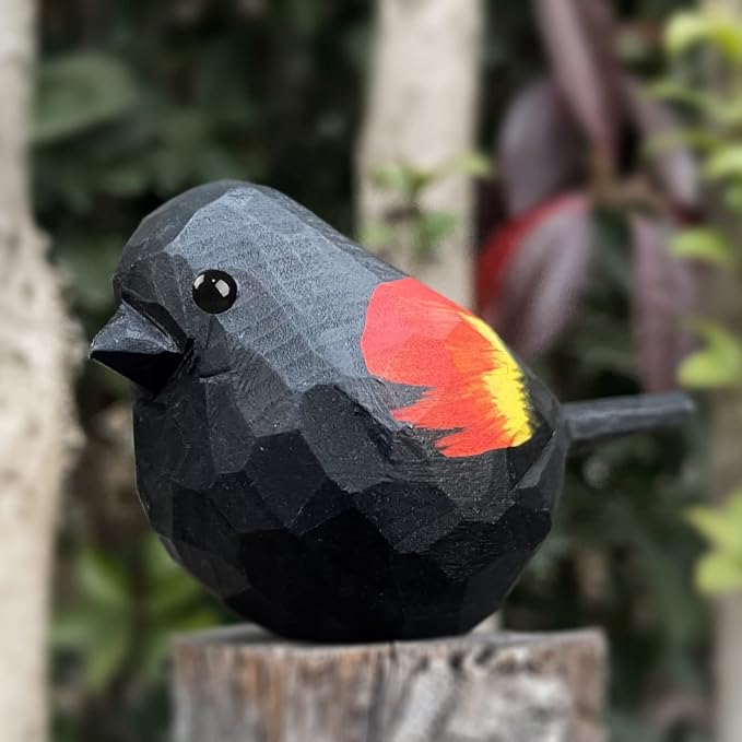 Bird Figurines Hand Carved Painted Wooden Statues for Home Decor, Gift for Bird Lovers,Housewarming, Birthday, Christmas, Anniversaries (NO.21-Red-Winged Blackbird)
