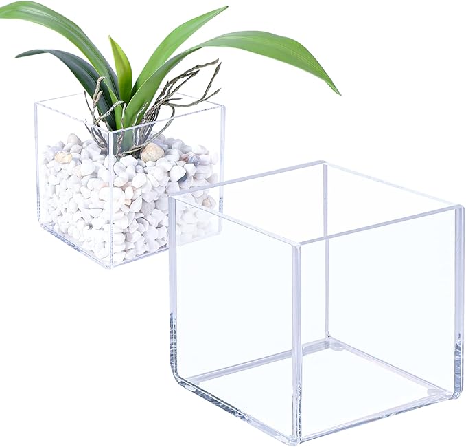 Kamehame Clear Vase 2 Pcs Acrylic Vase, 5"x5"x5" Succulent Pots Planters, Square Cube Vases for Centerpieces, Flower Vase for Home Office Wedding Floral Decor