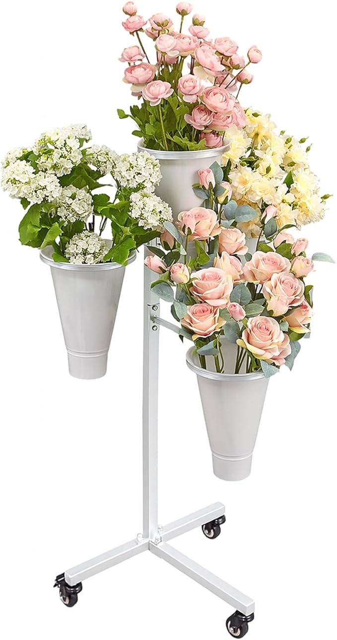 Flower Display Stand with Buckets - Flower Cart with Wheels for Bouquet Shop, Metal Flower Rack Display Stand for Wedding Garden, Party, Events (White, Round buckets)