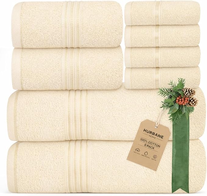 8 Piece Bath Towels for Bathroom Set - 100% Cotton, Soft Absorbent Bathroom Towels Set - 2 Extra Large Bath Towels, 2 Hand Towels & 4 Washcloths - Hotel Spa Thick Plush Towel, Cream
