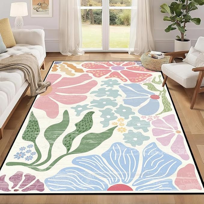 Floral Area Rug Modern Abstract Rug Pastel Flower Print Carpet Colorful Bohemian Plant Rugs for Bedroom Living Room Nursery Kitchen Playroom Home Decor,6'x9'