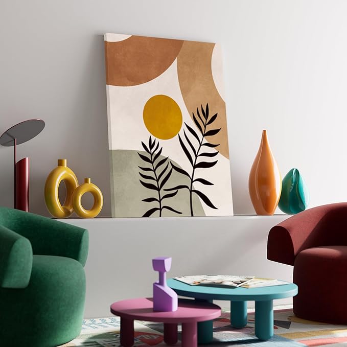 SERIMINO Botanical Wall Art, Boho Canvas Wall Decor for Living Room, Set of 3, Minimalist Orange Sun Artwork Paintings Wall Decor for Bedroom, Office,12 x16 inch