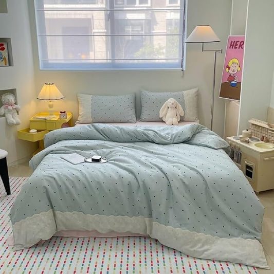 LifeTB Romantic Lace Comforter Set Queen Cute Polka Dots Comforter with 2 Pillowcases Fluffy Soft Microfiber Black Dots Bedding Set for Teens Girls Lightweight Princess Style Queen Comforter Set