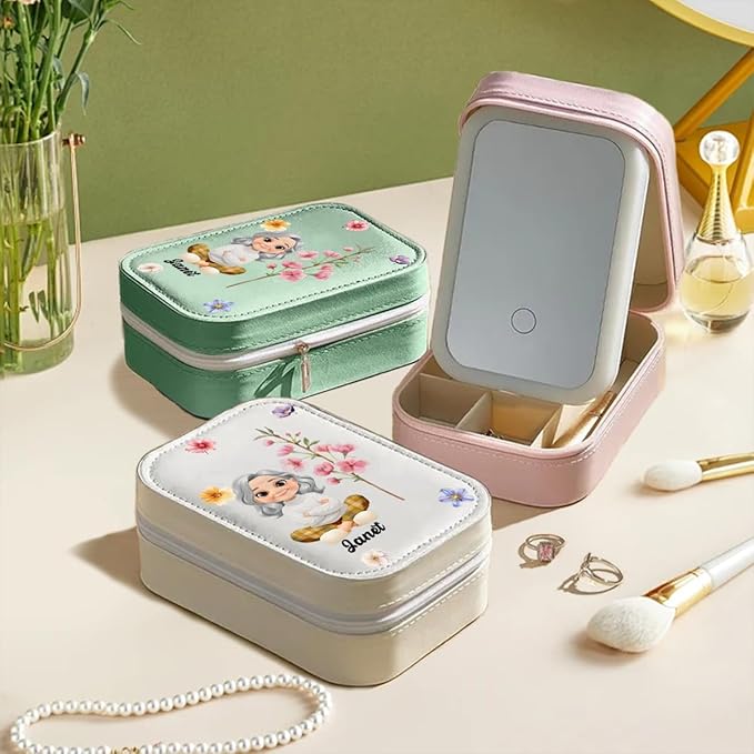Wrappiness Girls & Women Lovely Makeup Box With LED Mirror - Personalized Jewelry Box Organizer Portable Ideal for Travel, Gift for Daughters Sisters Friends (Birth Month Flower, Women)