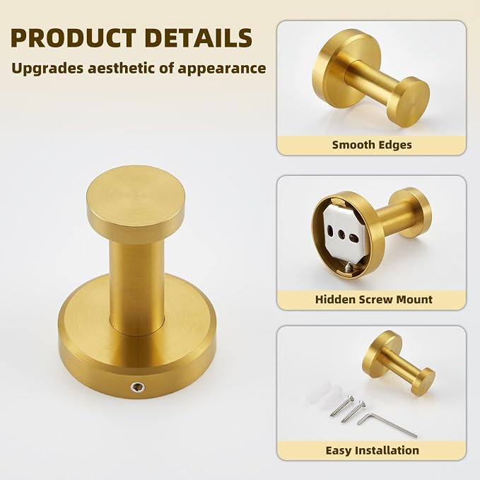 APLusee Brushed Dark Gold Towel Hook for Bathroom, 304 Stainless Steel Round Towel Hanger, Heavy Duty Wall Hook for Kitchen Garage Wall Mounted