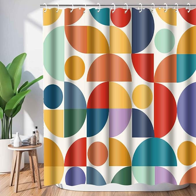 Vintage Colorful Rainbow Mid Century Shower Curtain Modern Abstract Geometric Art Bathroom Curtain Decor 72x78 Inch Washable Fabric Bright Retro Boho Circle Patterned Bath Curtain with 12 Hooks