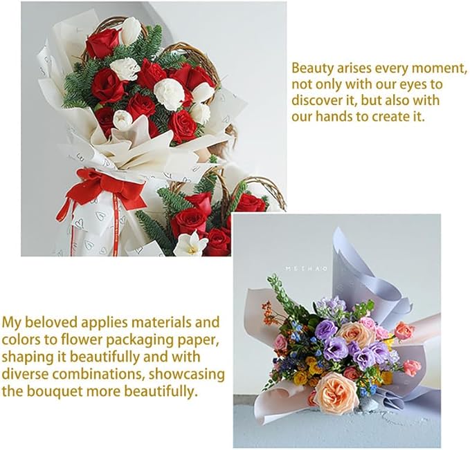 MLSG 20 Sheet Solid Color Heart Wrapping Paper - Waterproof Floral Bouquet Wrapping Paper, Florist Supplies Packaging Paper for Wedding Birthday Gift Wrap Paper (Black Gold)