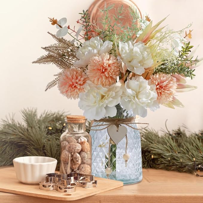 Silk Flowers with Vase, Artificial Flowers Arrangement with Glass Vase Faux Peony Hydrangea for Decoration Table Centerpiece (Peony White Pink)
