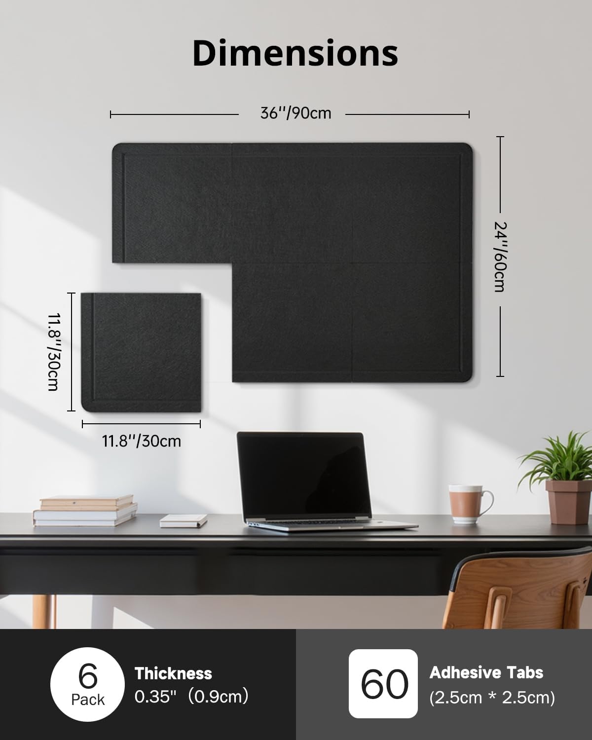 Skiennix Bulletin Board - 36x24 Inch Cork Board Alternative | 6 Pack Felt Pin Boards with 30 Adhesive Tabs - Black