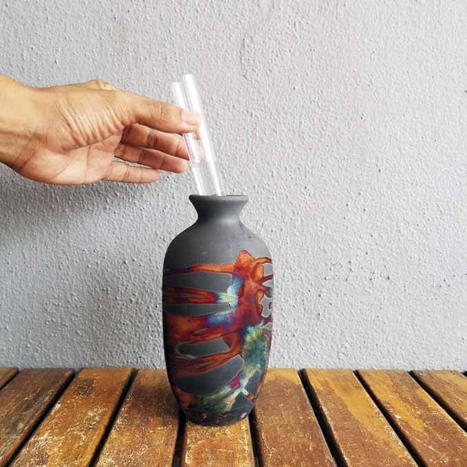 RAAQUU Koban 7 inch Raku Ceramic Pottery Vase with Gift Box Corporate Gift in a Pine Box -Personalized Rustic Boho Handmade Gift in Carbon Half Copper Matte