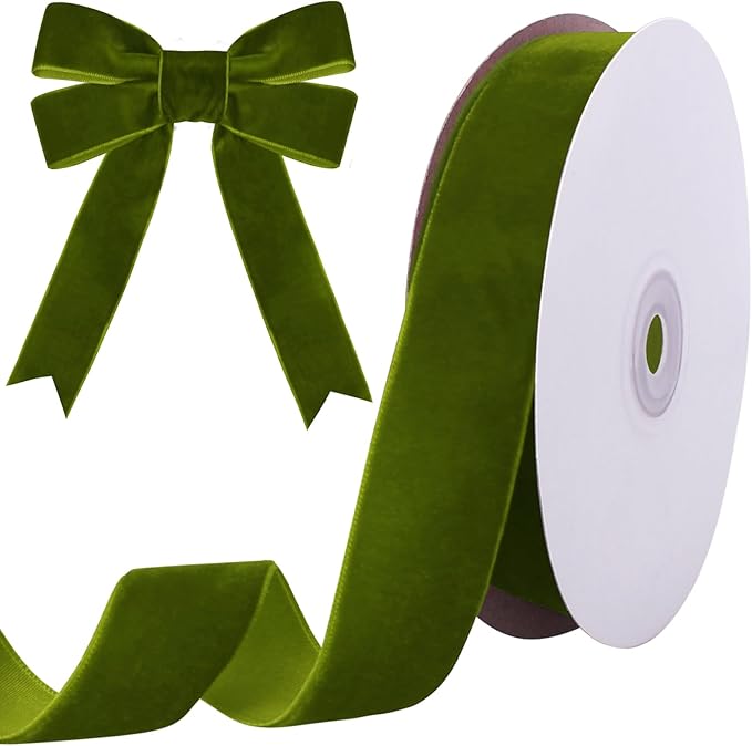 10 Yards Olive Green Velvet Ribbon 1 Inch for Christmas Tree, Green Velvet Christmas Ribbon for Gift Wrapping Crafts Bow Wreath Holiday Decorations (Olive Green)