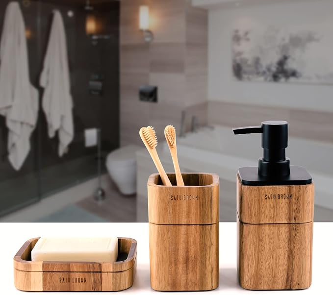 Bathroom Accessories Set 3 Piece Bath Ensemble Includes Soap Dispenser, Bathroom Tumbler, Soap Dish Accessories for Decorative Countertop and Housewarming Gift,Acacia Wood