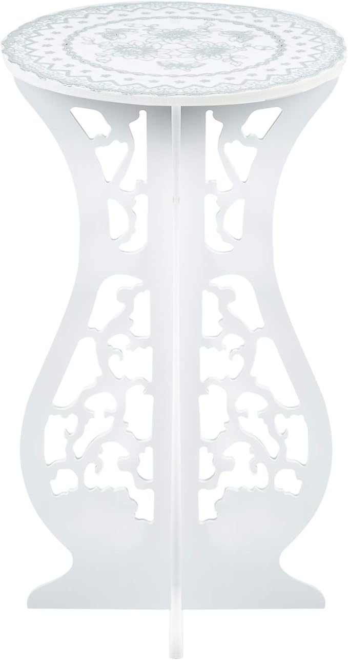 Beautiful White PVC Board Flower Plant and Vase Stand Display with Intricate Carvings and Gold Ornate Floral Nonslip Mat, Waterproof for Indoor and Outdoor Use (16.5" H x 10" W)
