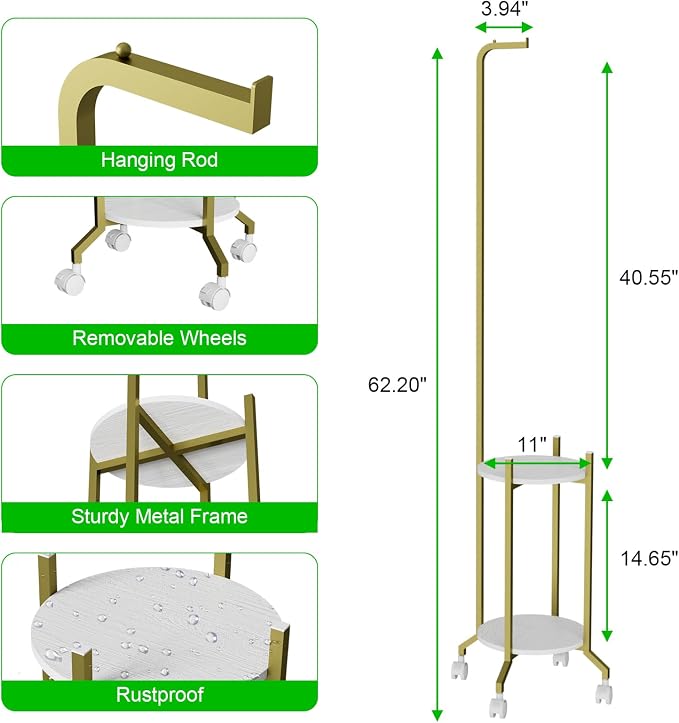 VyGrow Plant Stand Indoor, 2 Tier Hanging Tall Plant Shelf with Wheels, 3 Potted Corner Flower Stand Metal Plant Holder, Plant Shelves for Living Room, Bedroom, Patio, Outdoor, Gold