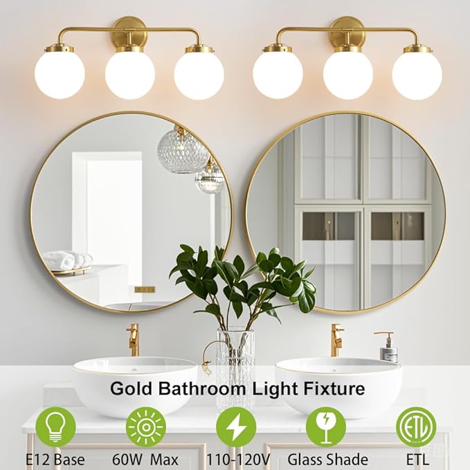 Gold Bathroom Vanity Light Fixtures Over Mirror, 22.4'' Modern Brass 3 Lights Wall Sconce with Milky Glass Ball Shade, Mid Century Farmhouse Vanity Lighting