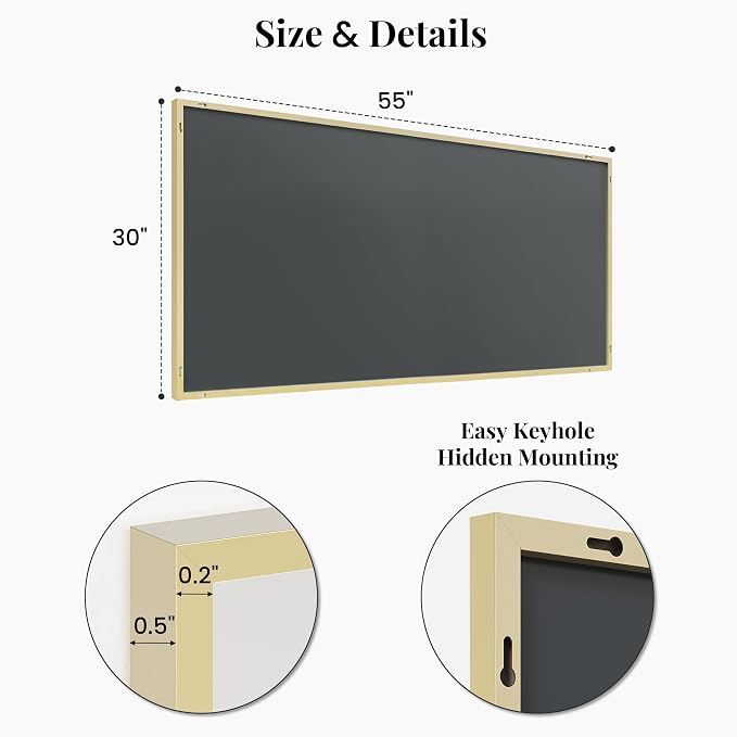 55"x30" Gold Landscape Bathroom Mirror for Double Vanity, Shatterproof Tempered Glass, Narrow Metal Frame, Ultra-Flush Wall-Mounted