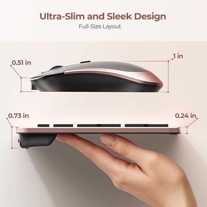 seenda Rechargeable Wireless Keyboard Mouse Combo Full Size Cordless Keyboard & Mouse Sets with Build-in Lithium Battery Ultra Thin Quiet Keyboard Mice (Rose Gold & Black)