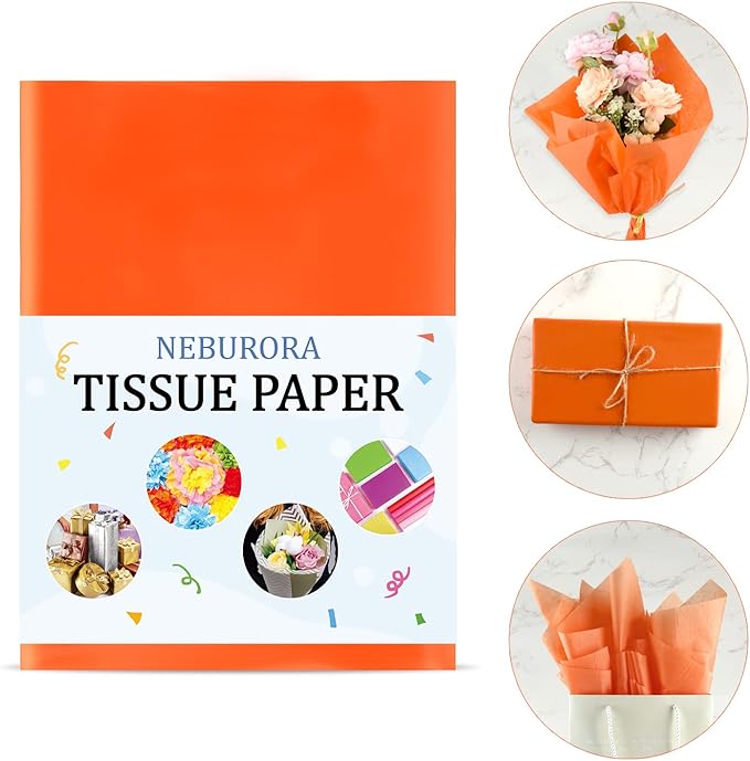 NEBURORA 120 Sheets Orange Tissue Paper - 14 x 20 Inches, Wrapping Tissue Paper Bulk - Orange Wrap Paper Sheets for Gift Bags, Packaging, Floral Filler, Crafts, Birthday, Halloween Decor