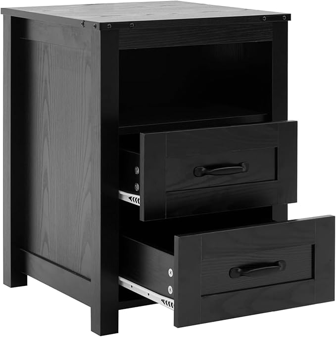 Farmhouse Night Stand, Rustic Black Nightstand for Bedroom, End Tables Without Charging Station, Bedside Table with Drawers, Wood Bedside Cabinet Dresser