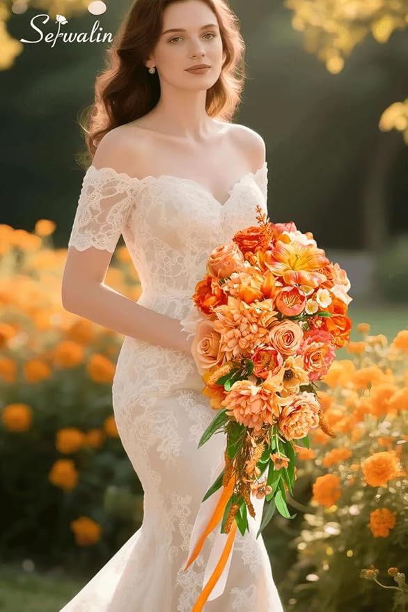Serwalin 11 Inch Wedding Bouquets for Bride Bridesmaid,Fall Cascading Orange Bridal Bouquets for Bride,Wedding Ceremony and Anniversary Day Decor