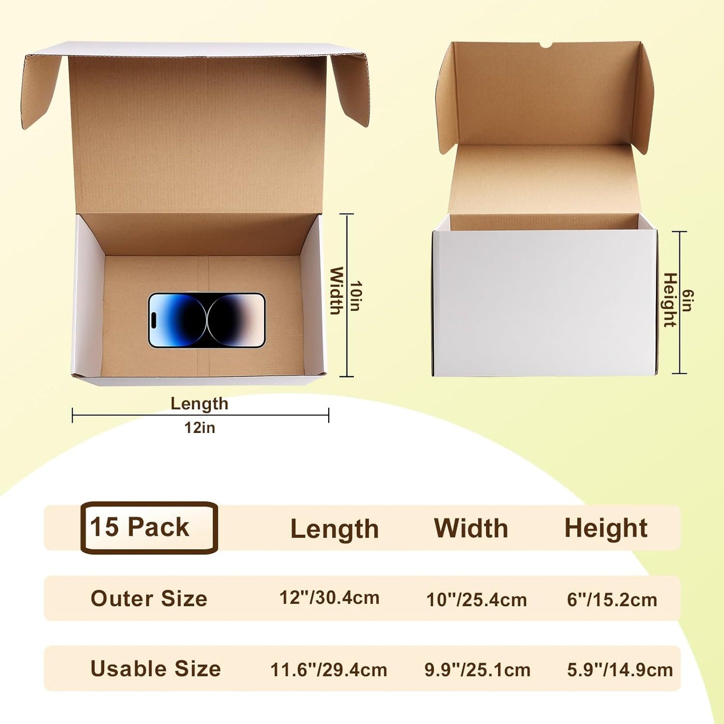 WIFTREY 12x10x6 Shipping Boxes - Set of 15 White Corrugated Cardboard Boxes for Small Business & Moving