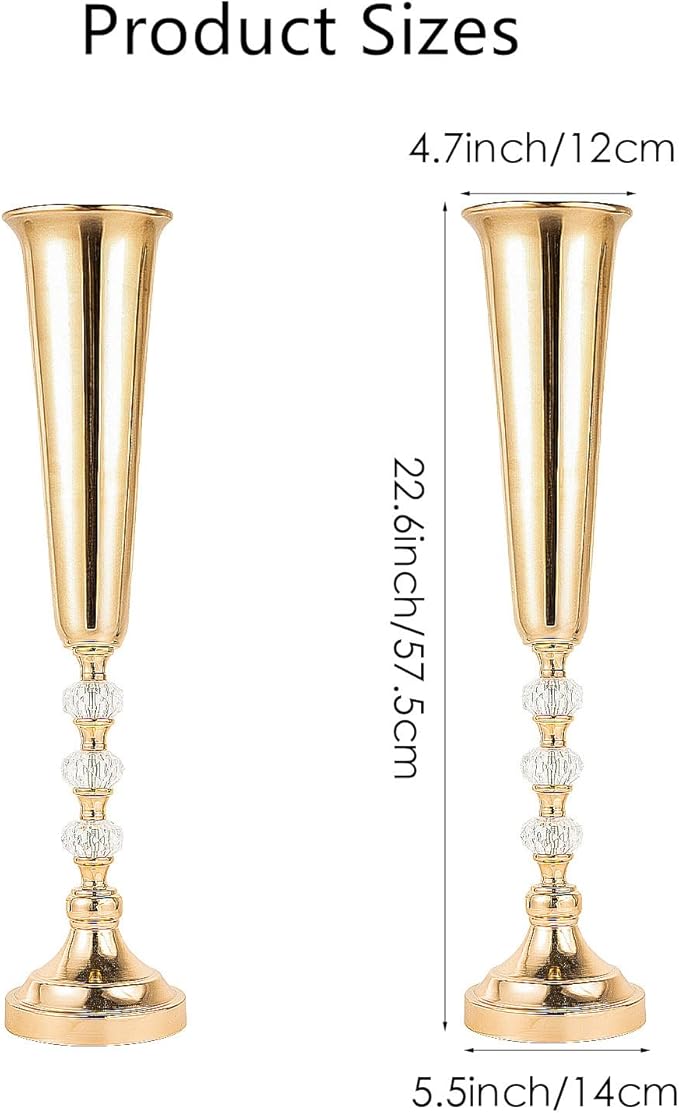 Tabletop Metal Vase Set of 2, Decorative Gold Vases for Centerpieces, Trumpet Vases for Flowers, Tall Table Flower Arrangements for Anniversary Birthday Party Wedding Home Decor (Gold- 2pcs)