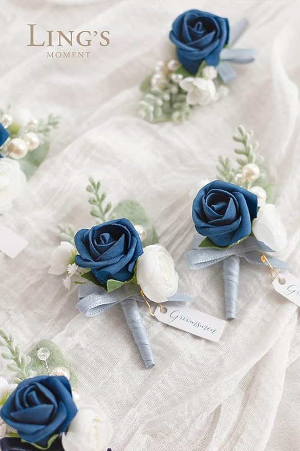 Ling's moment Artificial Rose Buds and Petite Roses w/Stem Pack of 24 for DIY Wedding Bouquets Centerpieces Decorations Boutonniere Corsages (Navy Blue)