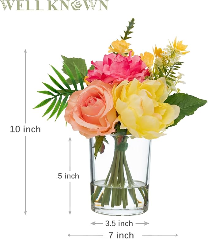WELL KNOWN Artificial Flowers in Glass Vase, Silk Rose Peony Flower Bouquet for Home Dinning Tea Table, Office Desktop, Hotel, Wedding, Party, Lavatory Decor & Gift (Hot Pink, Coral & Yellow)