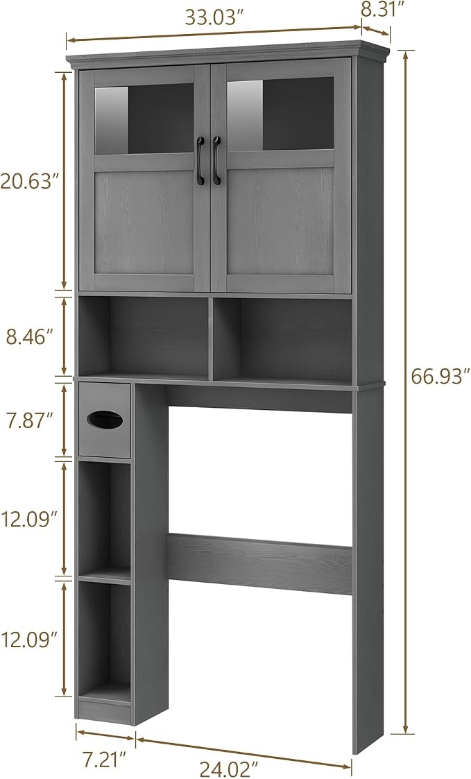 Over The Toilet Storage Cabinet With Double Doors & Paper Holder Stand, Freestanding Shelf Space Saver, Anti-Tip Design & Adjustable Shelf, Natural Grey