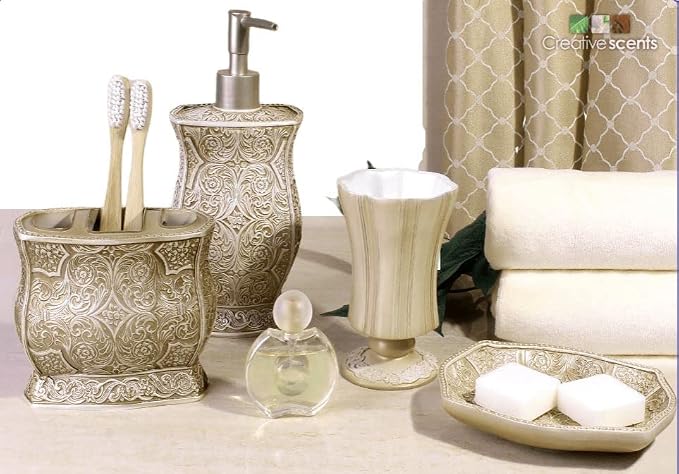 Creative Scents Victoria Beige Bathroom Accessories Set - Decorative Bathroom Accessory Set - 4 Piece Bathroom Set Features: Soap Dispenser, Toothbrush Holder, Tumbler, and Soap Dish