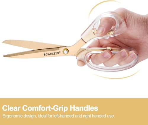 SCAIKTIG Acrylic Scissors Set - Heavy-Duty Office Scissors with Comfort-Grip Handles | Gold & Clear Finish