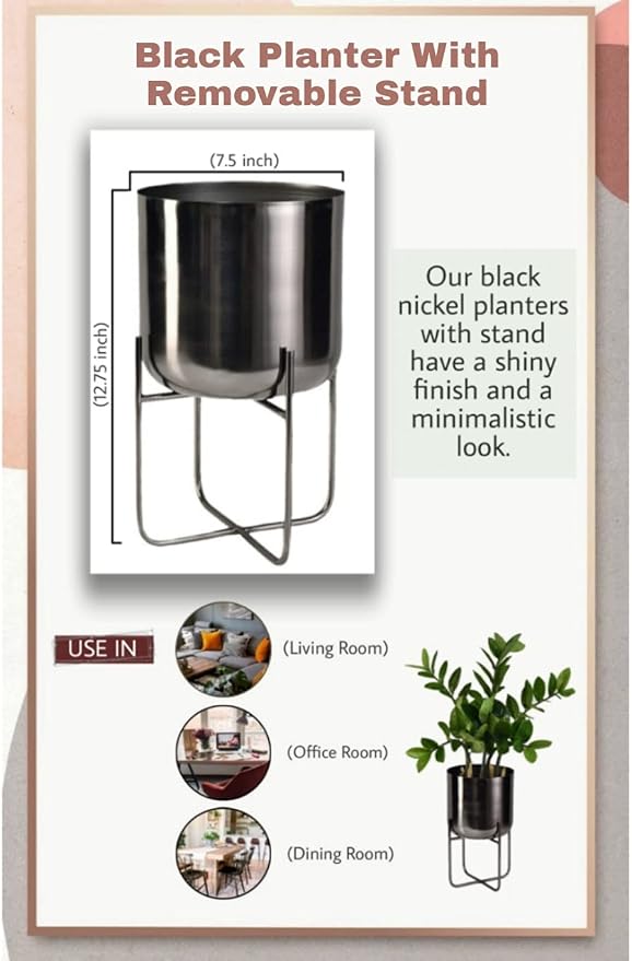 Serene Spaces Living Modern Mid Century Medium Black Nickel Planters with Stand, Planter Pots with Metal Stands, Flower Pot for Living Room Décor, Garden, Measures 13" Tall & 7.25" Diameter