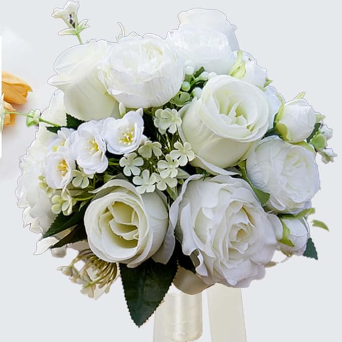 CYANLUX Wedding Bouquets for Bride Bridesmaid Bouquet Champagne White Artificial Roses Flowers for Wedding Valentine's Day Church Home Decoration… (White Rose)