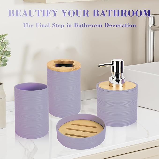 4 PCS Lavender Bathroom Accessories Set, Includes a Soap Dispenser, Toothbrush Holder, Soap Dish and Mouthwash Cup, Plastics & Bamboo Bathroom Set, Bohemian Style Bathroom Sink Set