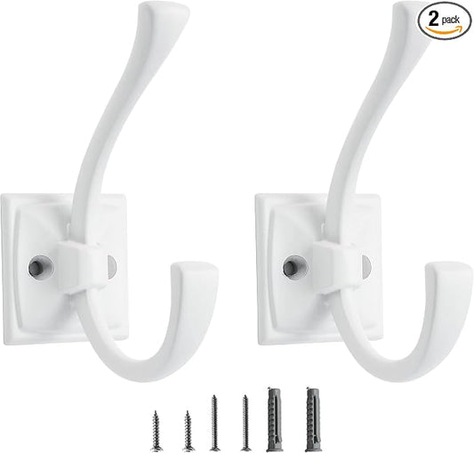 2 Pack Decorative Heavy Duty Towel Hooks for Hanging Robe Double White Coat Hooks Wall Mounted with Screws for Key, Towel, Bags, Cup, Hat