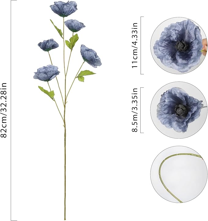 6PCS Poppies Flowers Artificial Silk Flowers 32in Artificial Poppies Dusty Blue Flowers for Wedding Home Party Table Centerpiece Arrangement Decoration (Dusty Blue)